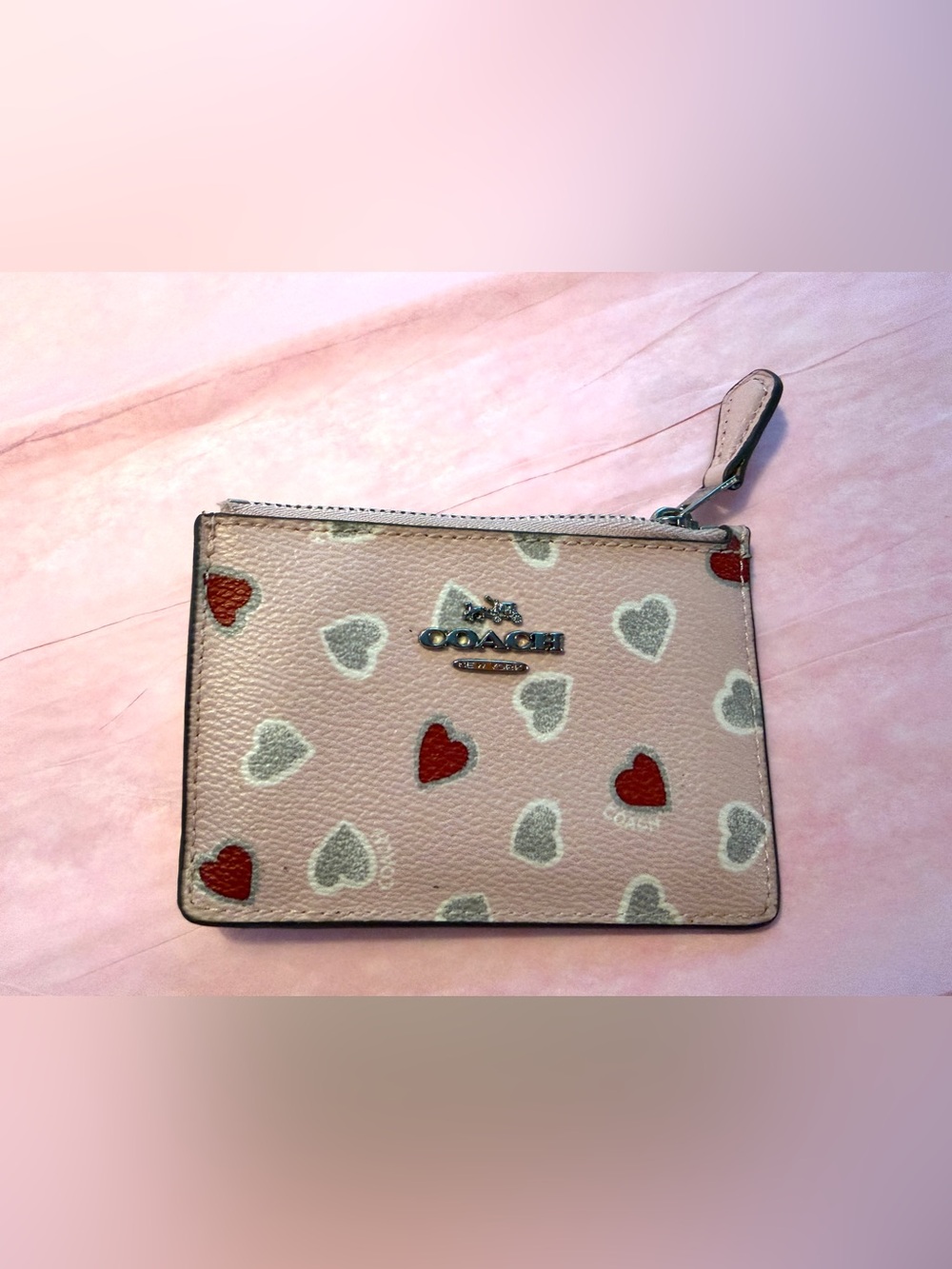 Coach Pink Card Case with Red & White Heart Print
